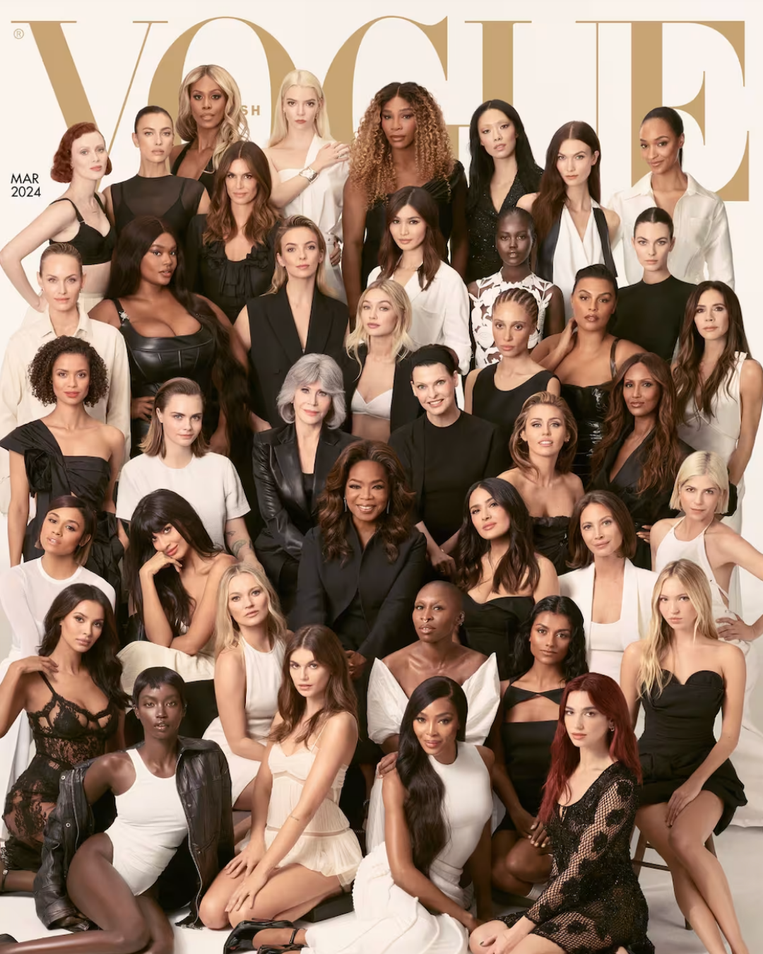 Vogue magazine cover, March 2024, featuring a large group portrait of famous women dressed in black and white, styled in an elegant studio setting against a neutral background.