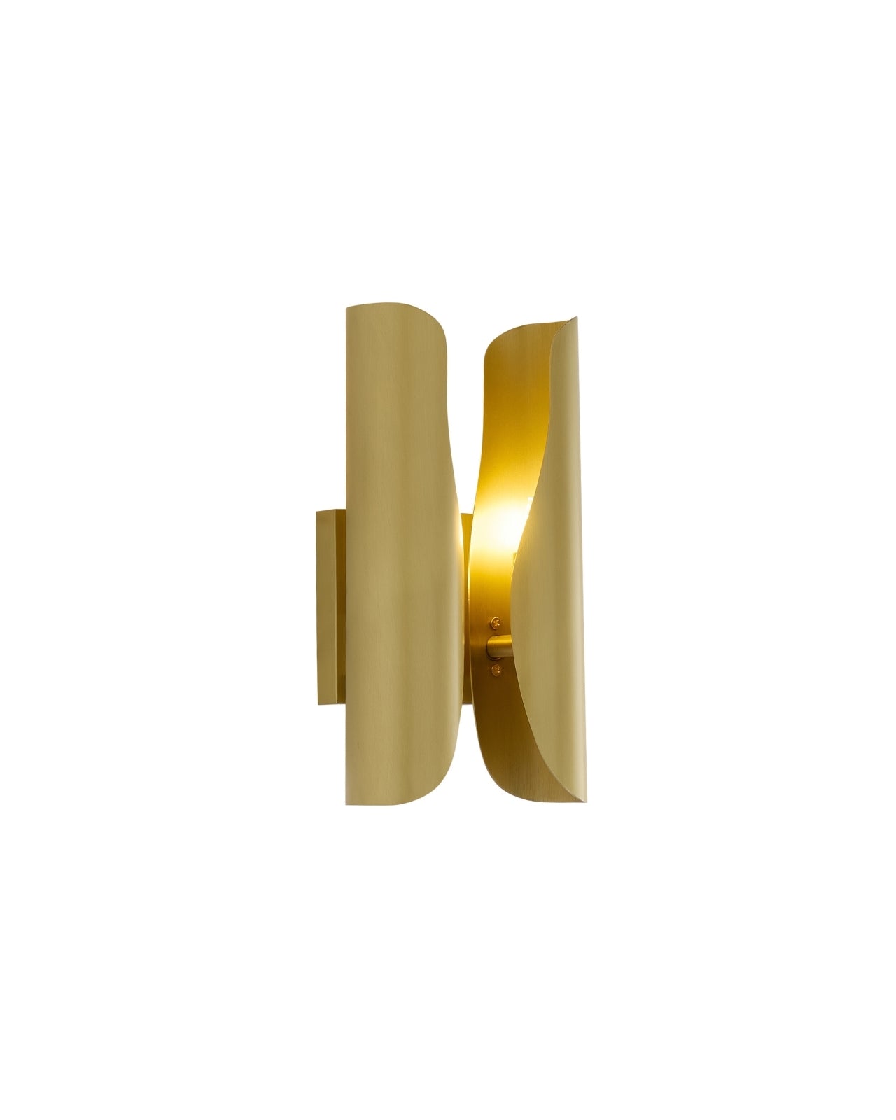 Sebastian wall sconce in brushed brass, featuring a sculptural curved double-panel design that softly diffuses light, shown against a white background.