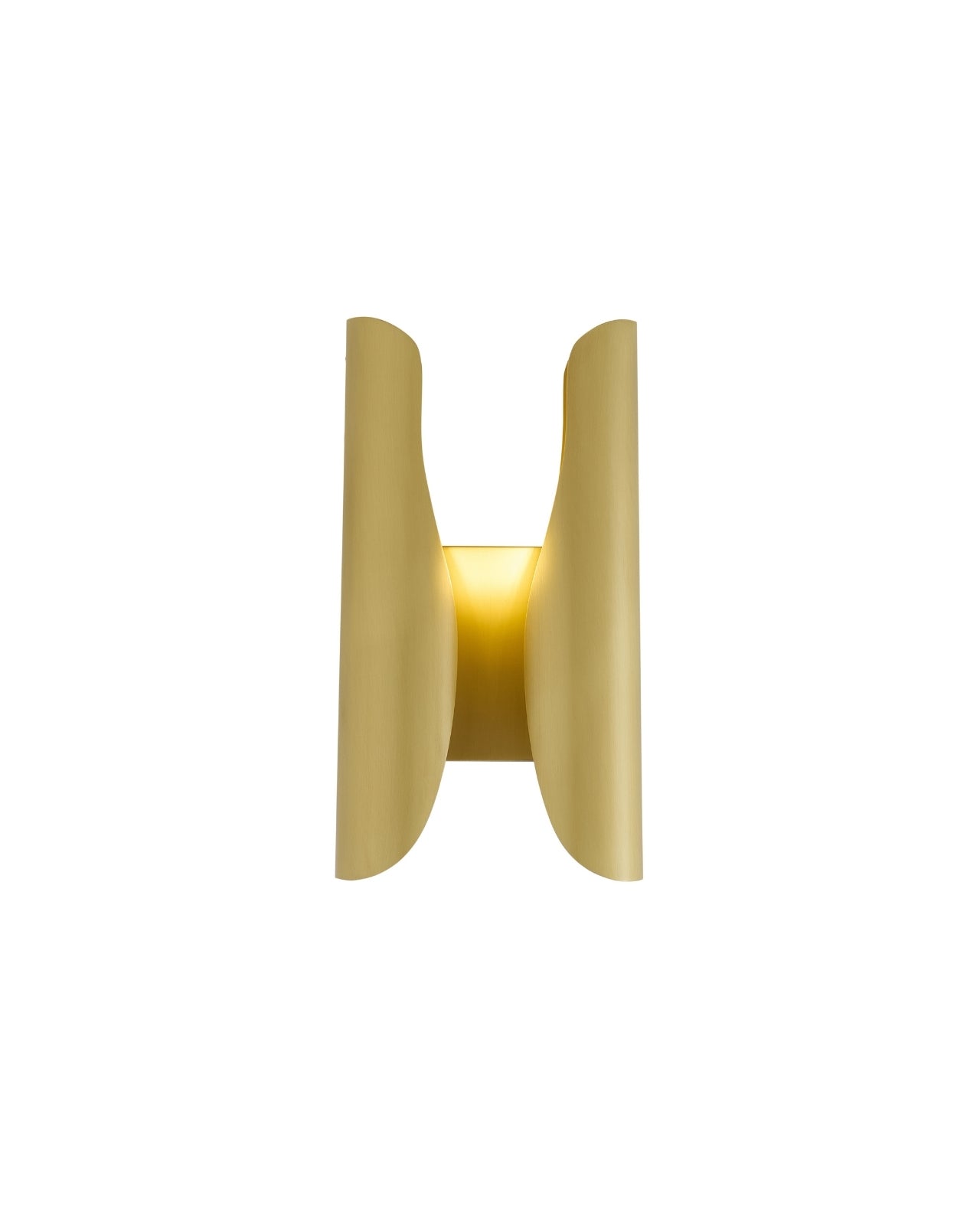 Sebastian wall sconce in brushed brass, featuring a sculptural curved double-panel design that softly diffuses light, shown against a white background.