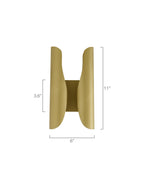 Sebastian wall sconce in brushed brass with a sculptural curved double-panel silhouette, shown front-facing on a white background with labeled dimensions (6 inches wide, 11 inches high).