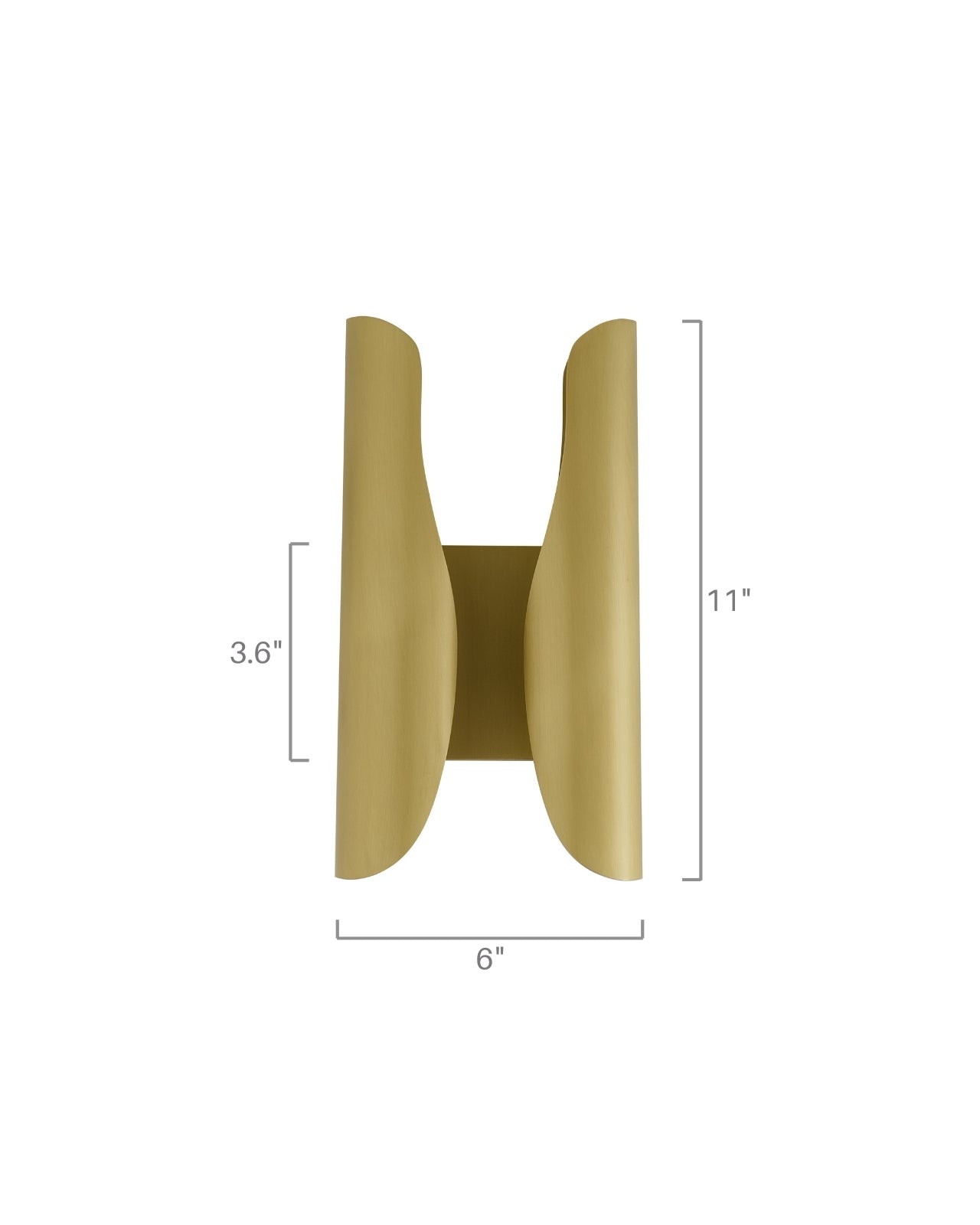 Sebastian wall sconce in brushed brass with a sculptural curved double-panel silhouette, shown front-facing on a white background with labeled dimensions (6 inches wide, 11 inches high).