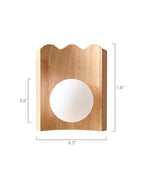 Clemence wall sconce with oak wood backplate and white glass globe, shown with labeled dimensions of 6.3 inches wide and 7.9 inches high.