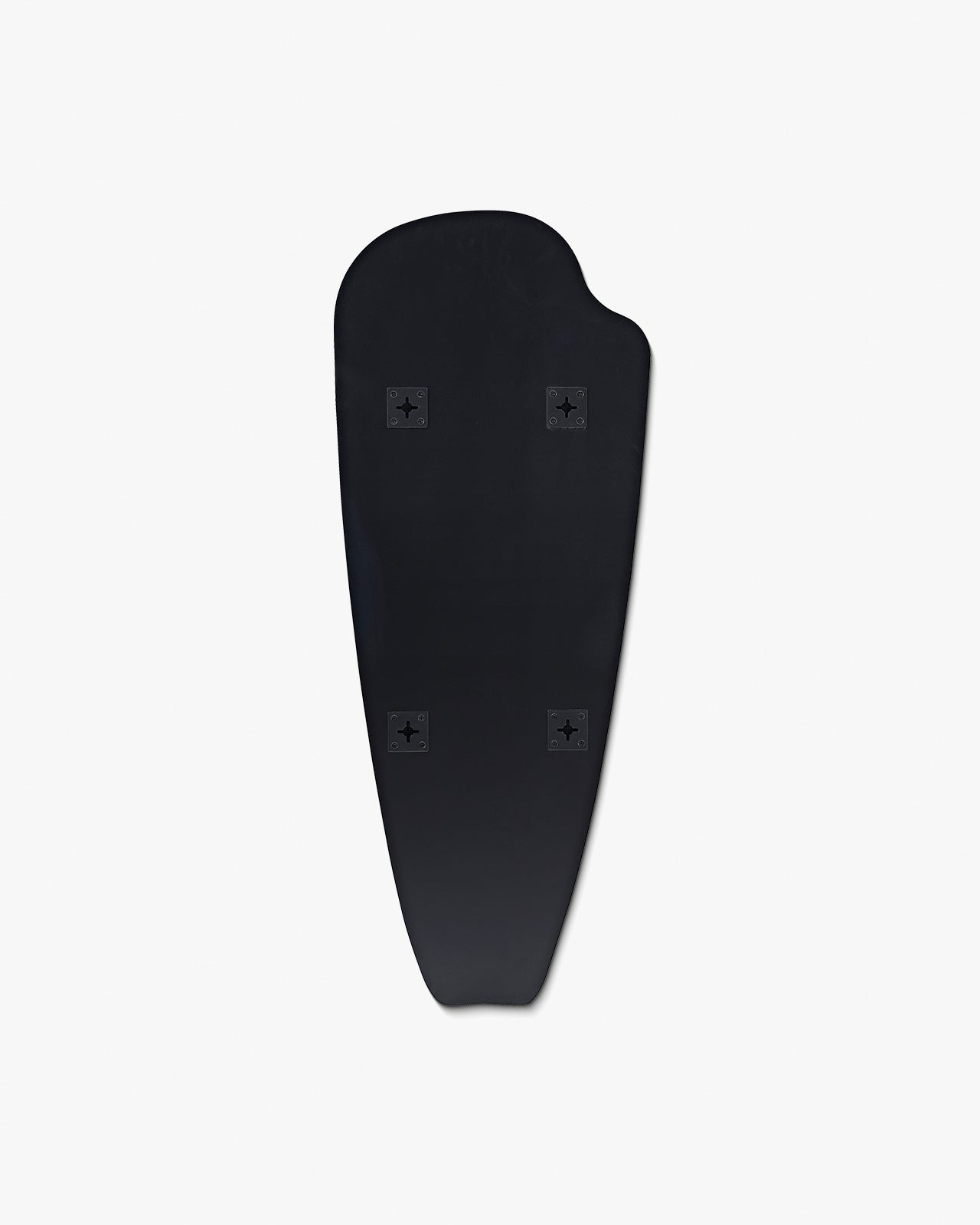 Back view of a frameless elongated wall mirror with an organic pebble-inspired shape, showing wall mounting hardware on a white background.