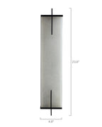Agatha oversized wall sconce featuring a tall rectangular alabaster panel with subtle natural veining, accented by slim black copper vertical details, shown with labeled dimensions on a white background.