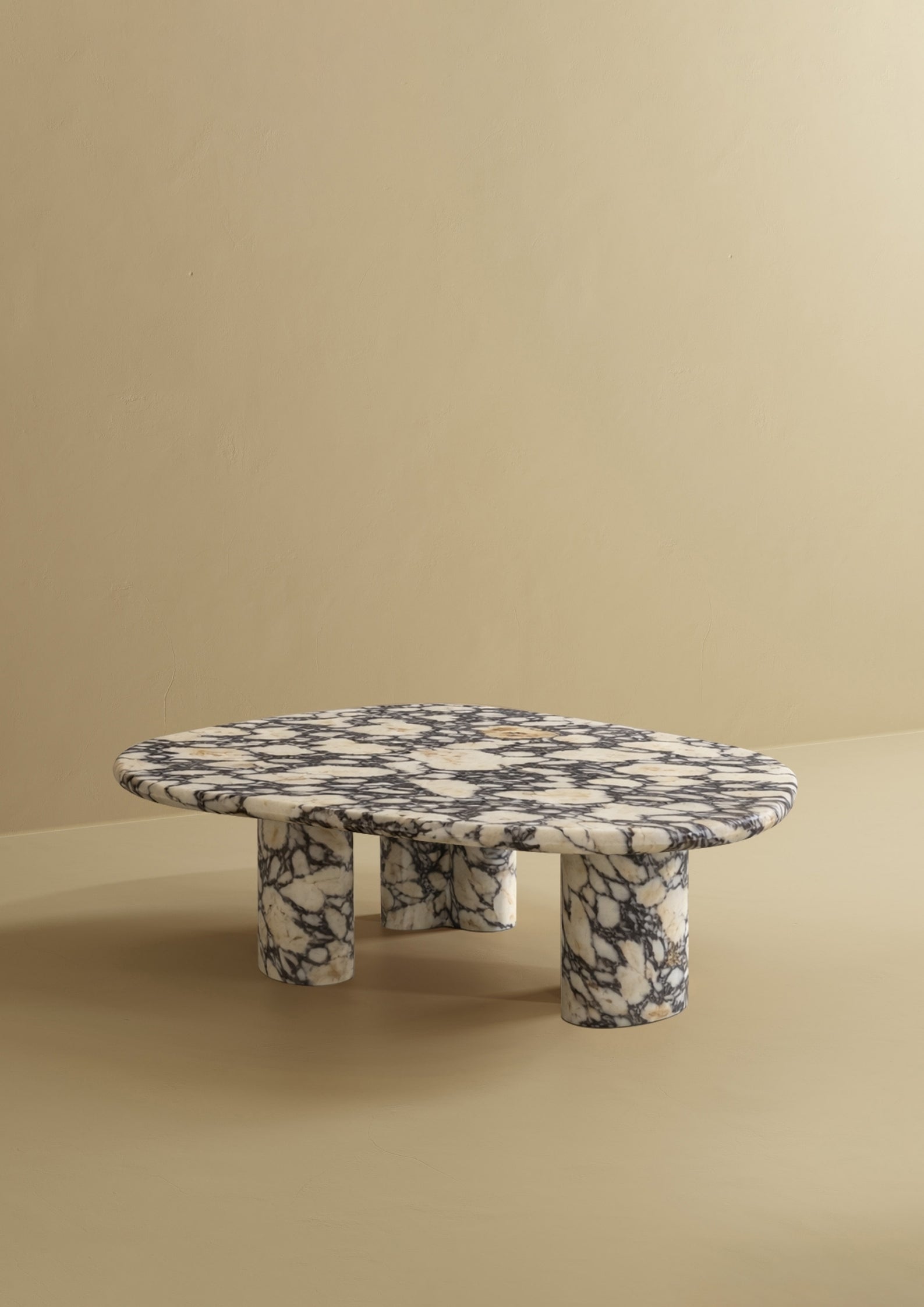 A low marble coffee table with an organic-shaped top and rounded legs.