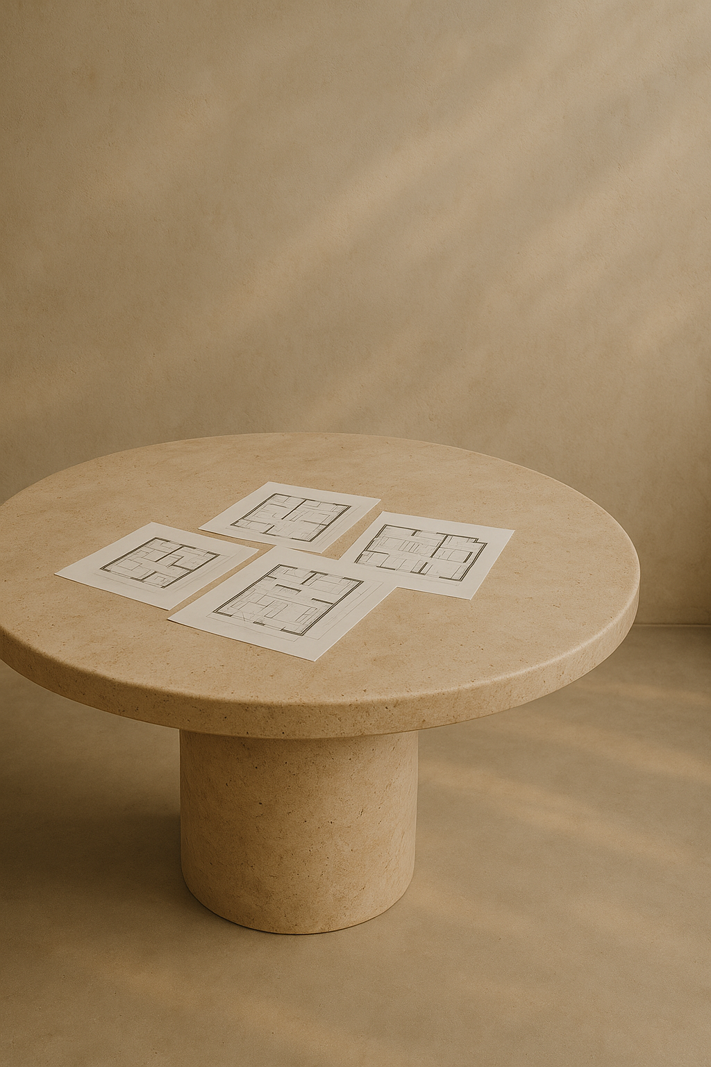 A round stone table with four architectural floor plan drawings placed on top, set against a warm beige plaster wall.