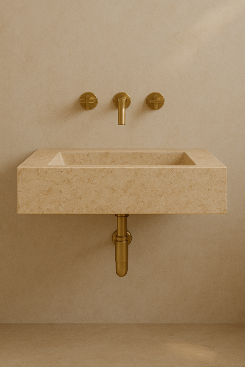 A wall-mounted rectangular stone sink with a brass faucet and exposed brass drain pipe against a warm beige plaster wall.