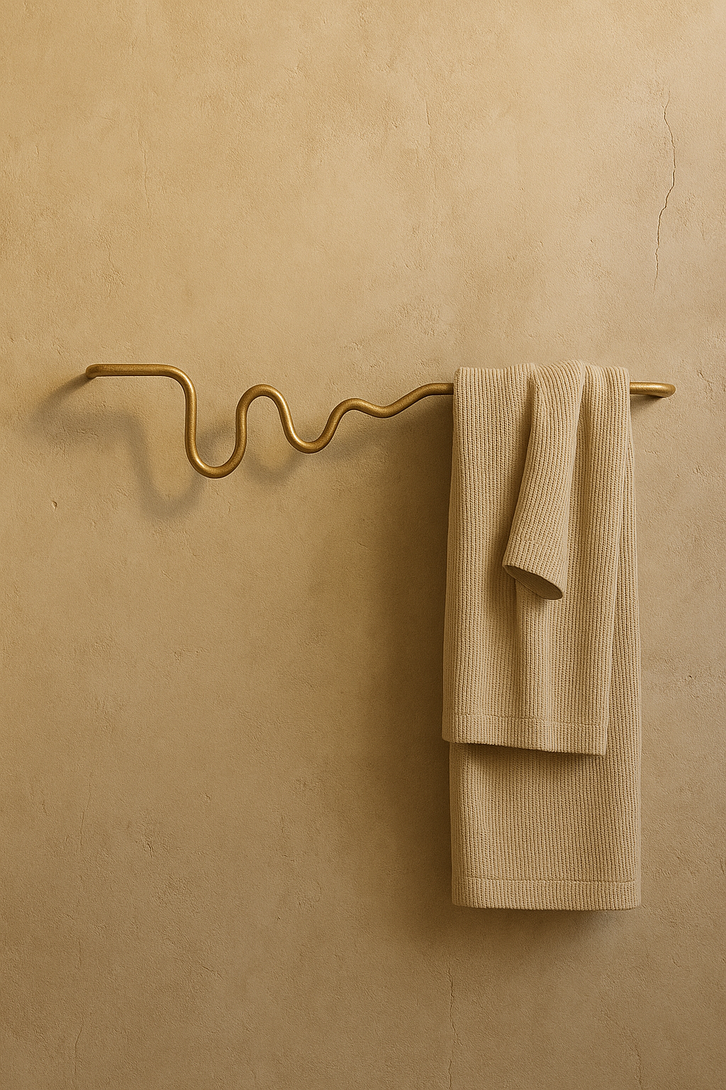Wall-mounted towel bar with a wavy brass-colored design, holding a folded beige towel against a textured neutral wall.