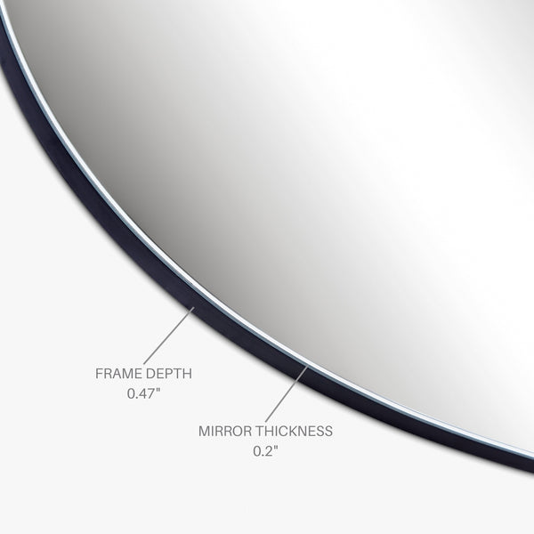 Close-up view of a mirror showing construction details, including a frame depth of 0.47 inches and mirror glass thickness of 0.2 inches.