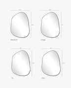 Asymmetrical wall mirror shown in four sizes: Medium, Large, XL, and XXL with labeled width and height dimensions on a white background.