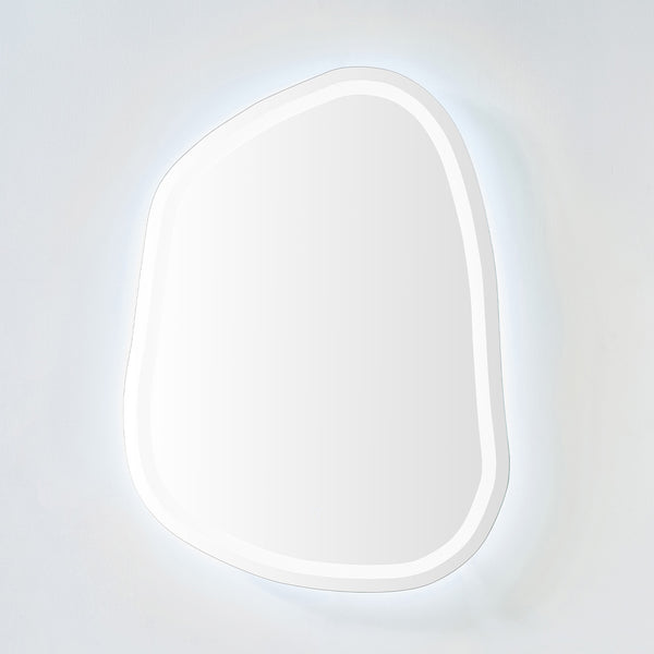 Organic-shaped LED mirror with soft cool backlit glow on a light-colored wall.