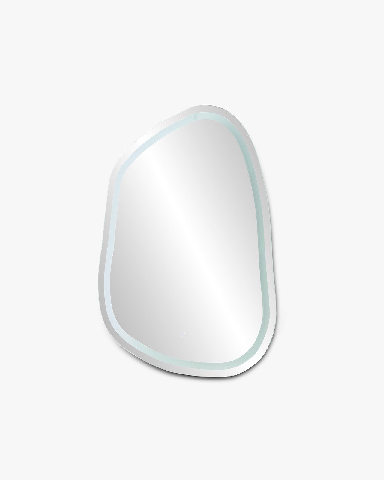 Organic-shaped LED mirror with subtle front-lit edge on a neutral background.