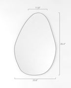 Pebble-shaped frameless wall mirror size diagram showing dimensions of 35.4 inches height, 23.6 inches width, and 11.8 inches top width.
