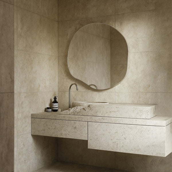 Organic-shaped wall mirror with a slim stainless steel frame mounted above a stone vanity in a minimalist bathroom.