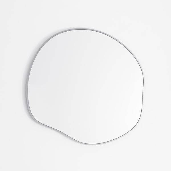 Organic-shaped wall mirror with a slim stainless steel frame on a white background.