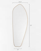 Size diagram of an asymmetrical brass-framed full length mirror showing dimensions: 70 inches tall, 24.4 inches wide at the top, and 10 inches wide at the bottom.