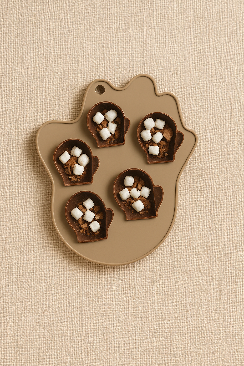 Mitten-shaped silicone mold filled with chocolate cups topped with mini marshmallows.