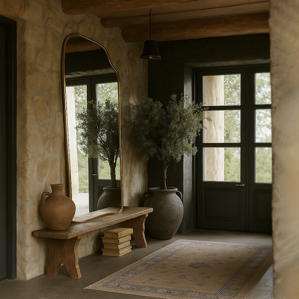 A rustic interior with a tall irregular-shaped full length mirror, a wooden bench, and natural textures in warm tones.