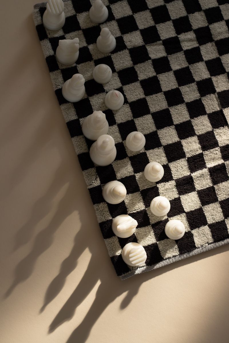 Black and white checkered towel styled like a chessboard, with white chess pieces arranged on top.