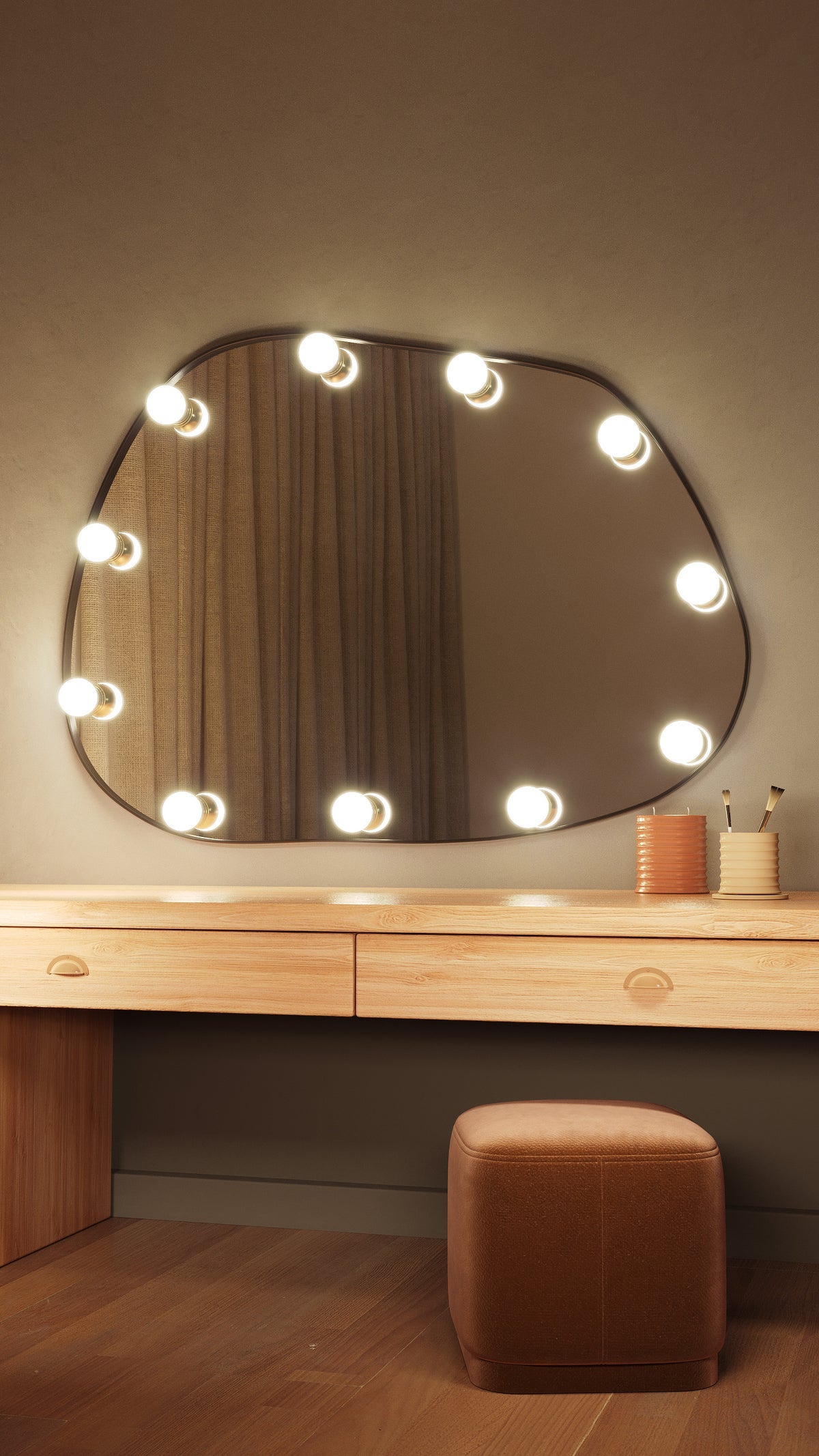 An organic-shaped vanity mirror with round light bulbs mounted above a wooden vanity table, with makeup brushes and containers on the surface.