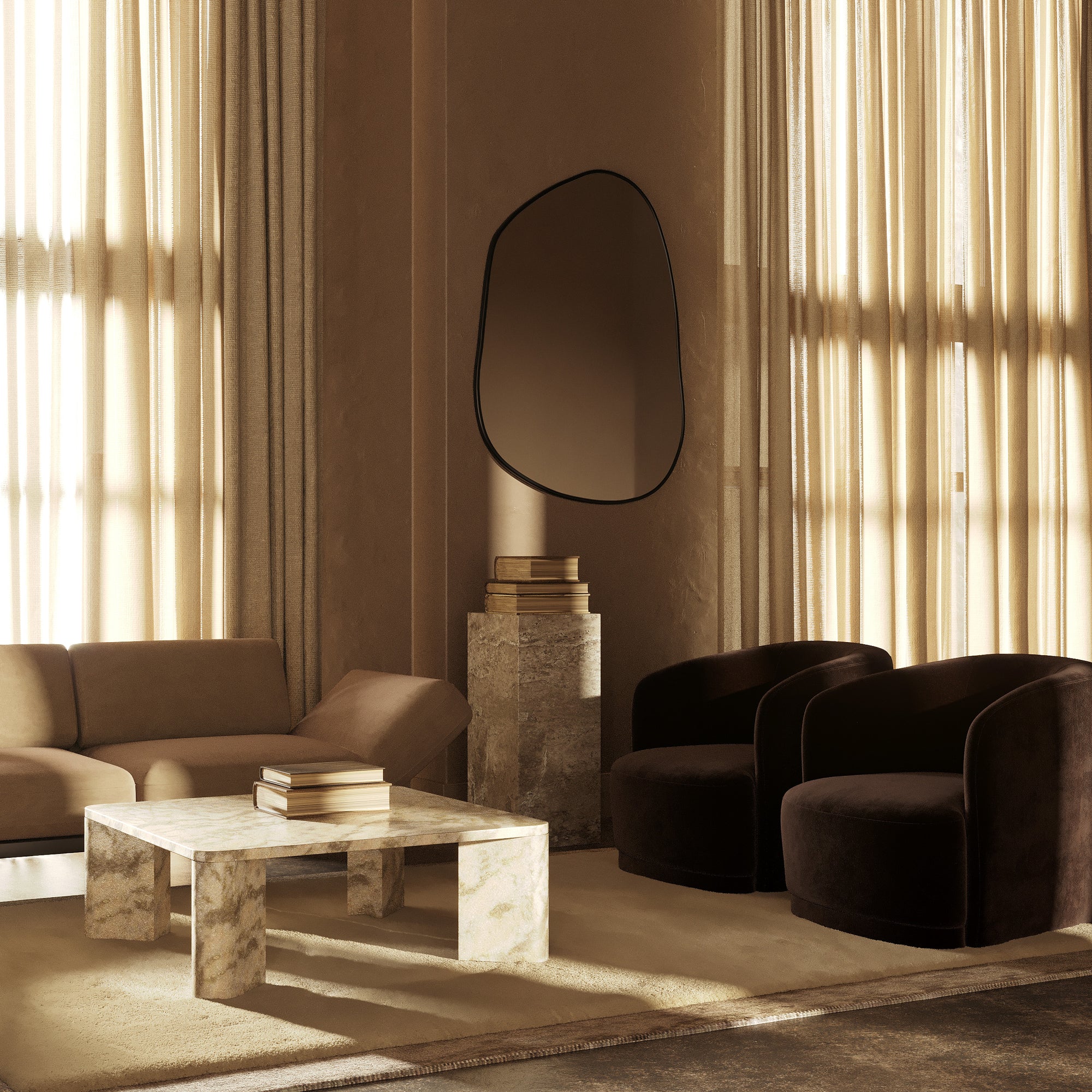 Warm living room with a marble coffee table on a neutral area rug, dark upholstered chairs, sheer curtains, and an irregular wall mirror above a stone pedestal.