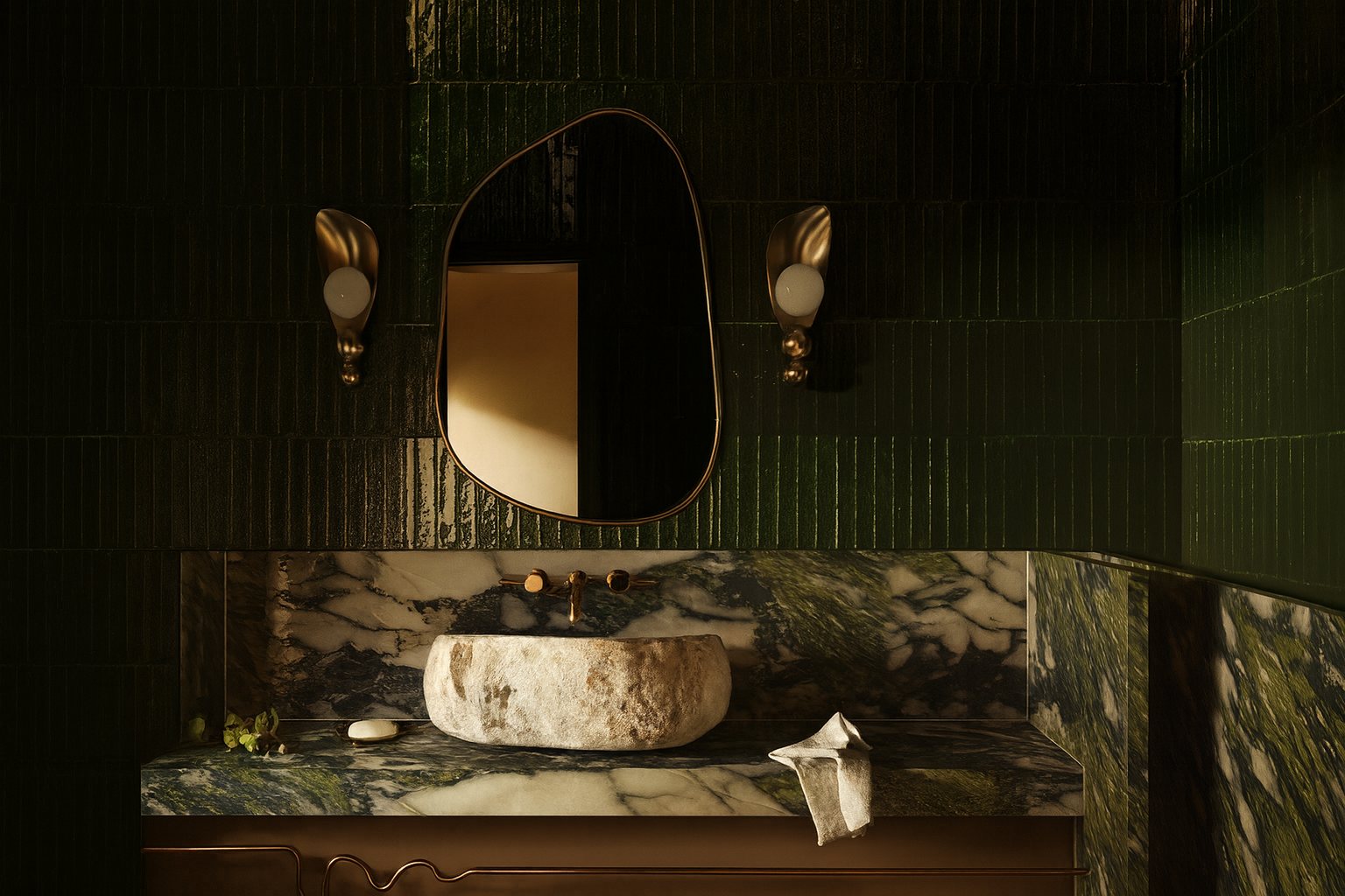 Bathroom vanity with a stone sink set against tiled walls, with a mirror and wall sconces.